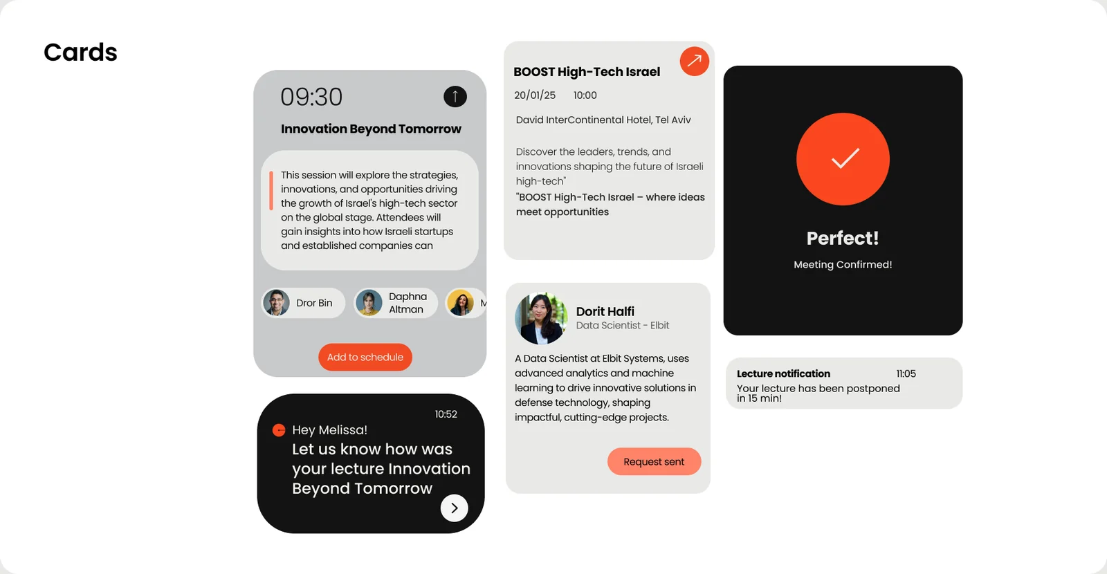 Card components: lecture, event, confirmation, speaker, notification and feedback cards