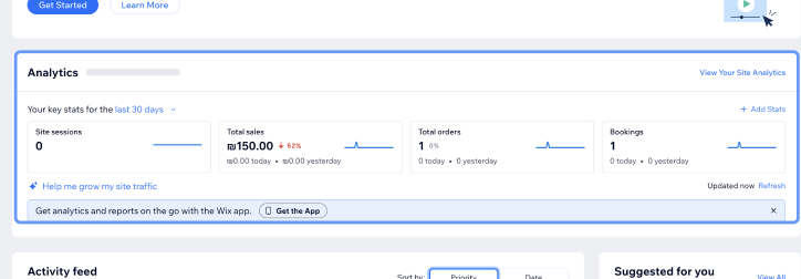 Analytics card on the Wix Home dashboard: site sessions, total sales, total orders and bookings for the last 30 days