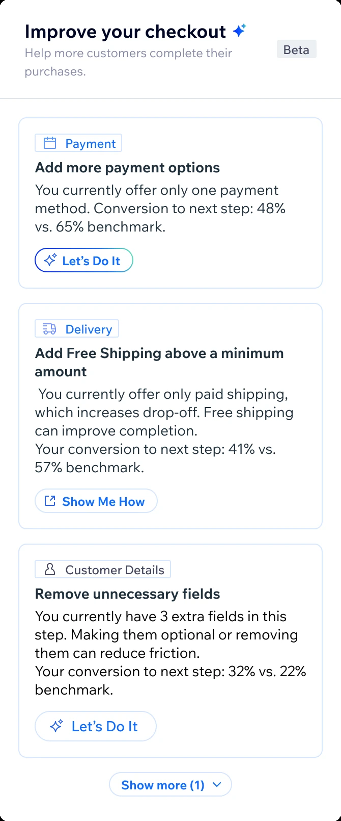 Version 1: tag, title, reasoning with the benchmark inline, and a Let's Do It or Show Me How button