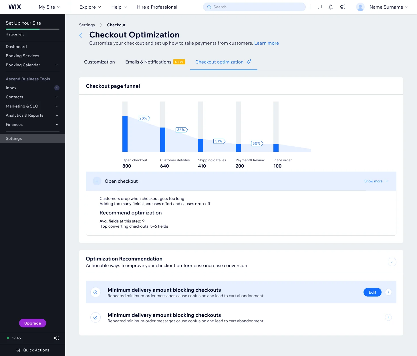 Checkout optimization tab with a funnel chart, step explanation and a recommendations list