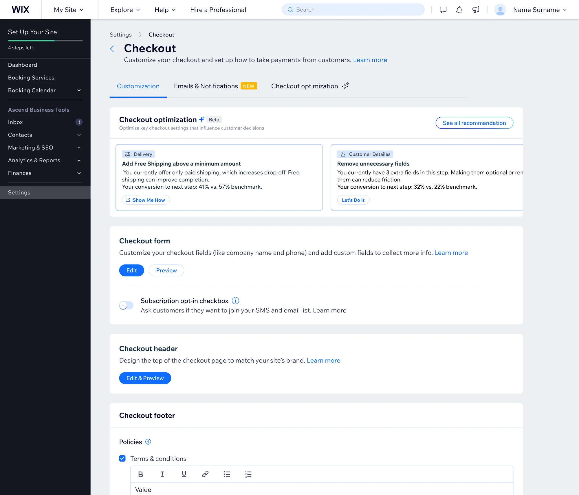 Customization tab with two recommendation cards at the top and a See all recommendation button