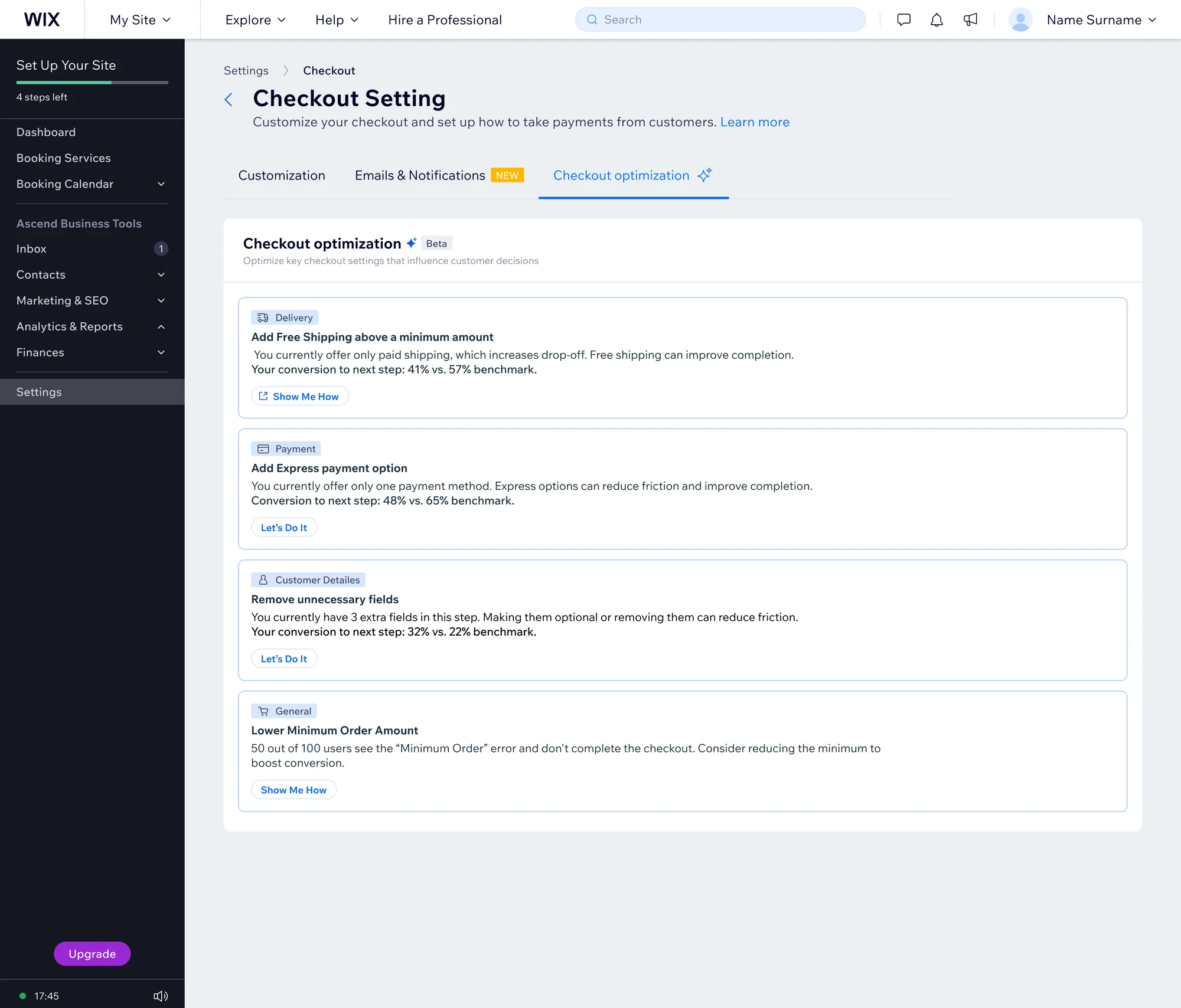 Checkout optimization tab listing four recommendation cards