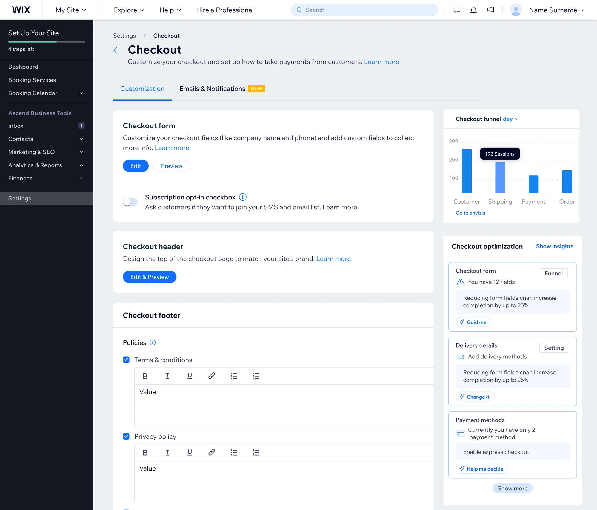 Customization tab with a checkout funnel chart and recommendation cards in a side panel