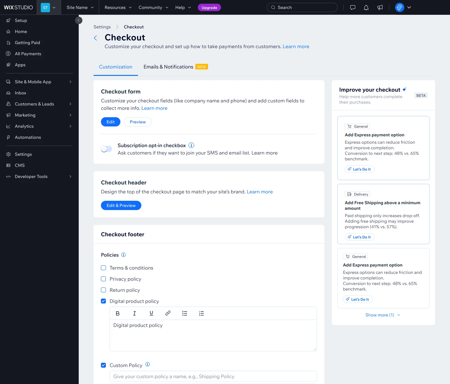 Customization tab with the Improve your checkout panel on the right, showing three recommendations