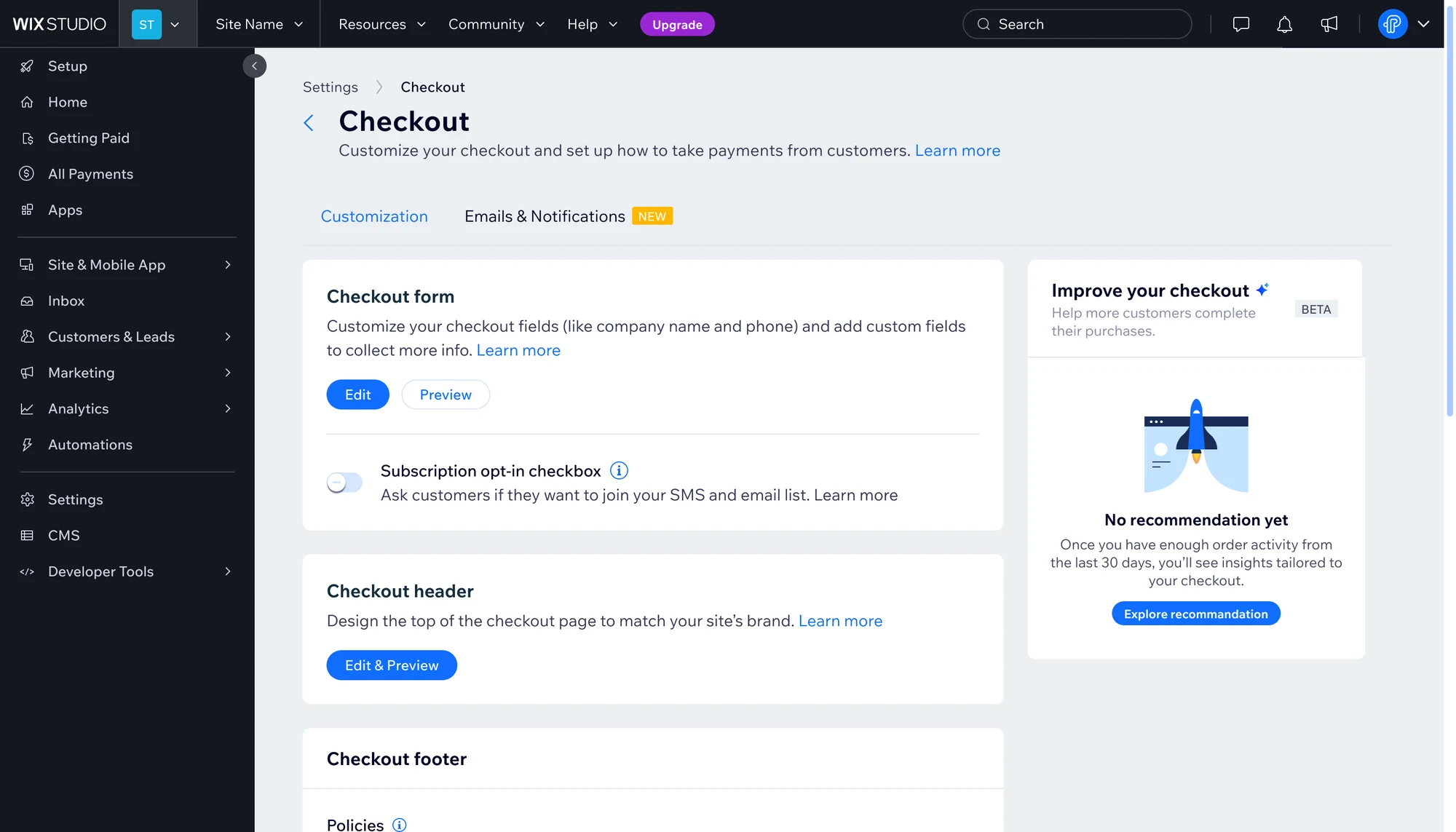 Checkout settings in Wix Studio with the Checkout recommendations card on the right