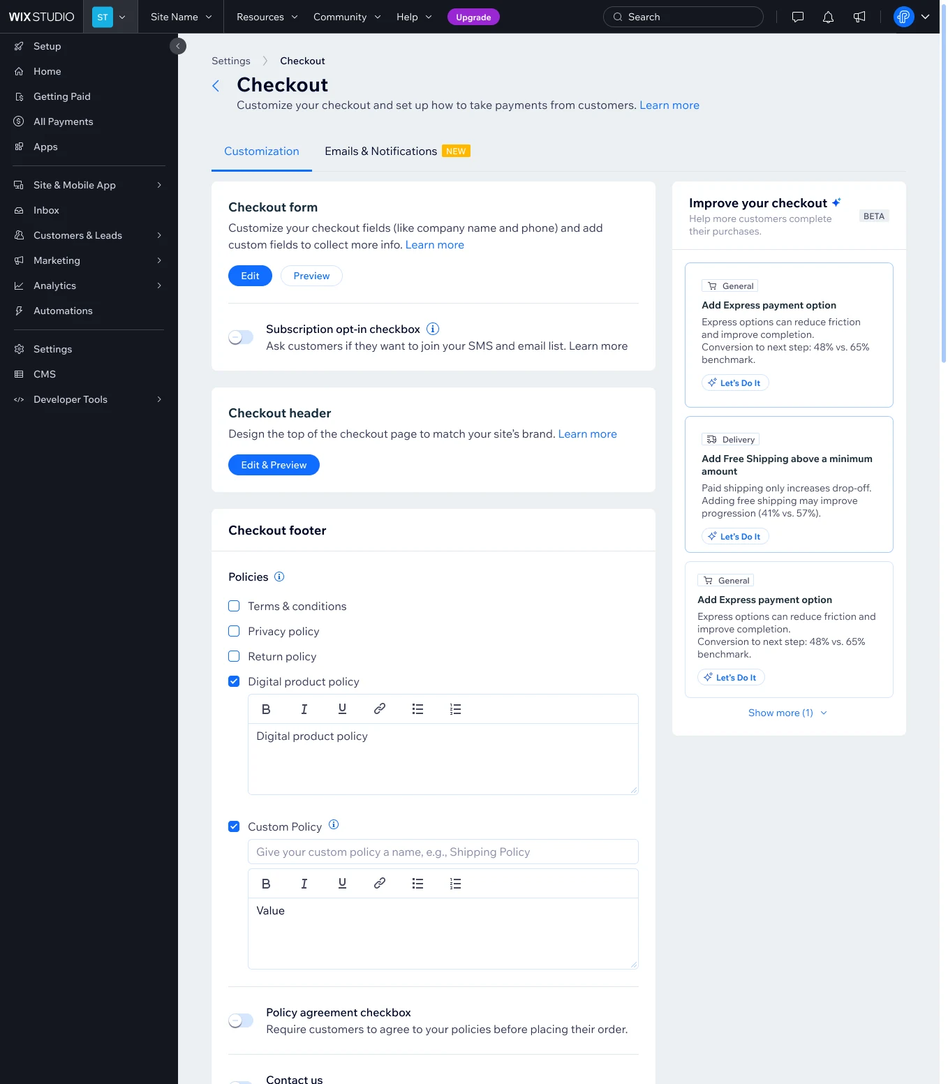 Checkout Settings with the Improve your checkout panel and three recommendations