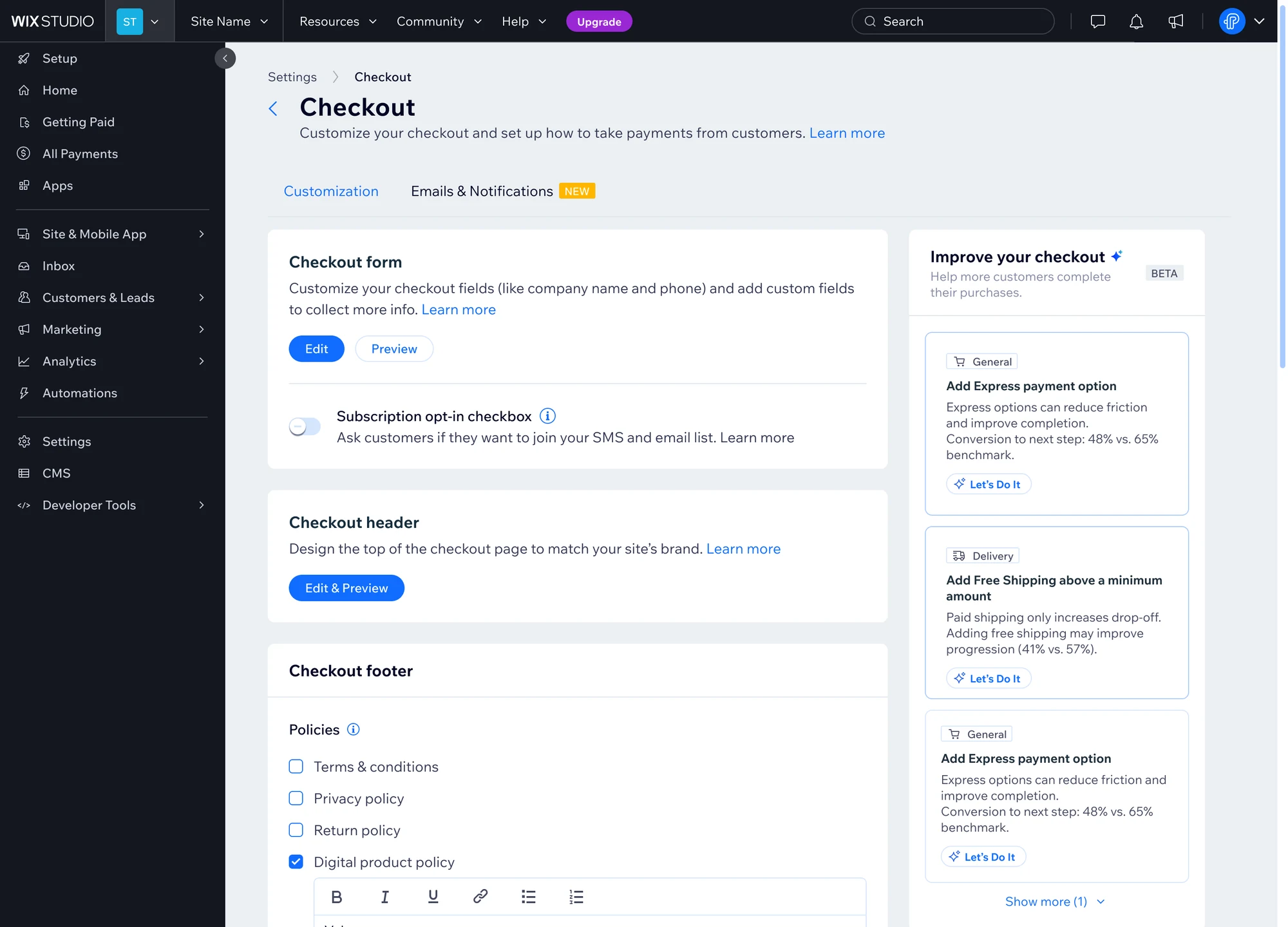 Checkout Settings with the Improve your checkout panel and three recommendations