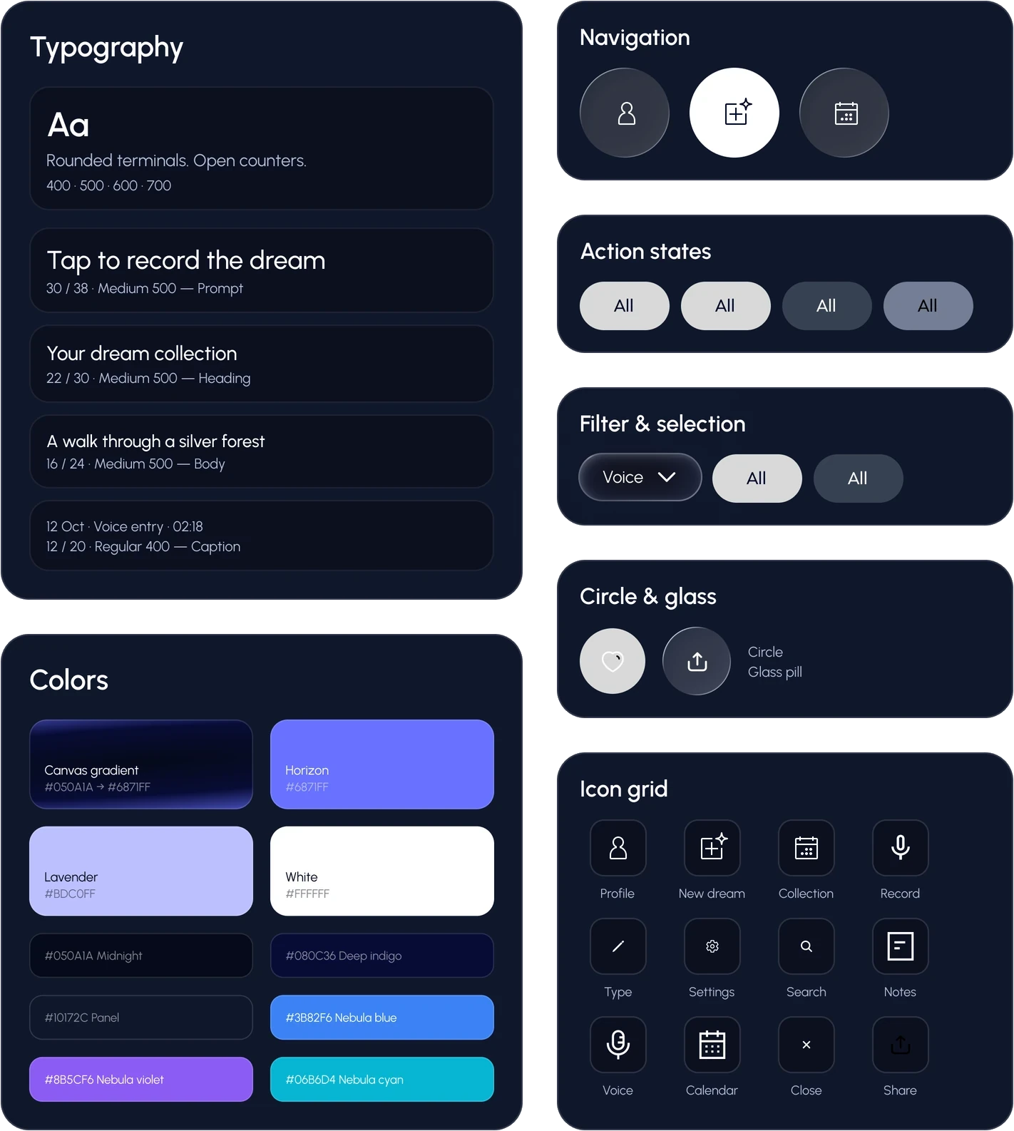 Dream app design system: Urbanist type scale, color tokens from Midnight to Nebula cyan, navigation, action and filter states, glass buttons and the icon grid