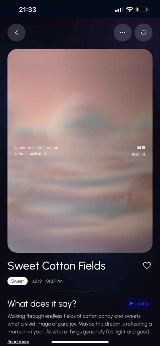 A single dream, Sweet Cotton Fields, with its generated image and the What does it say? reading