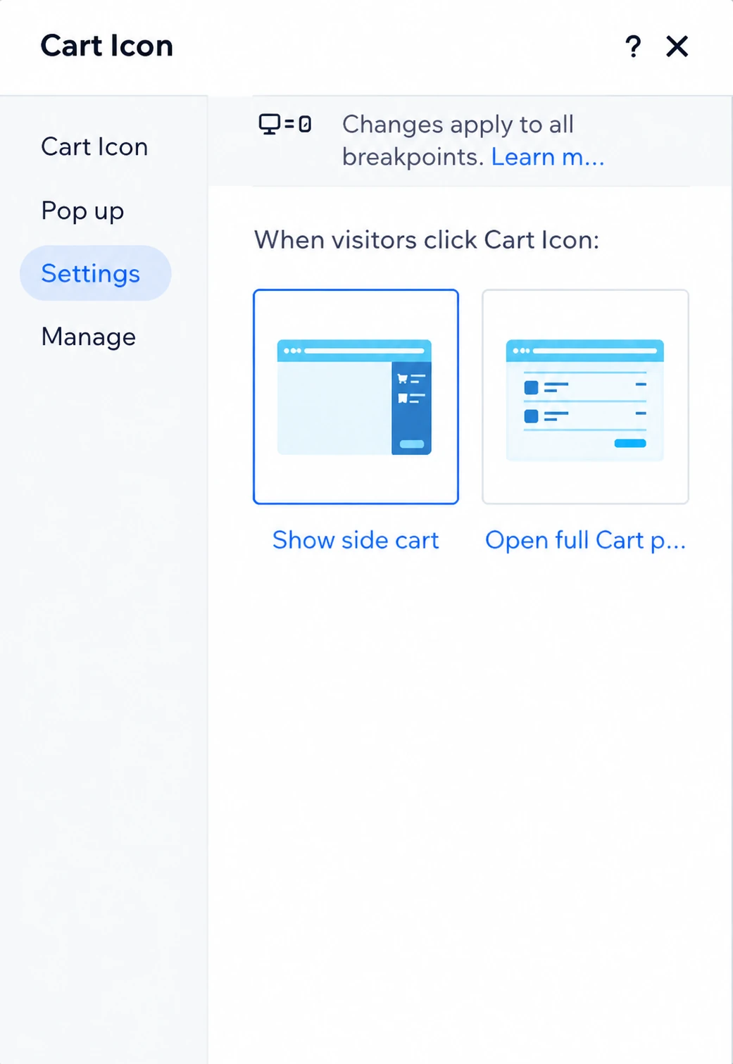 Cart Icon panel with a Settings tab where store owners choose between showing the side cart or opening the full cart page