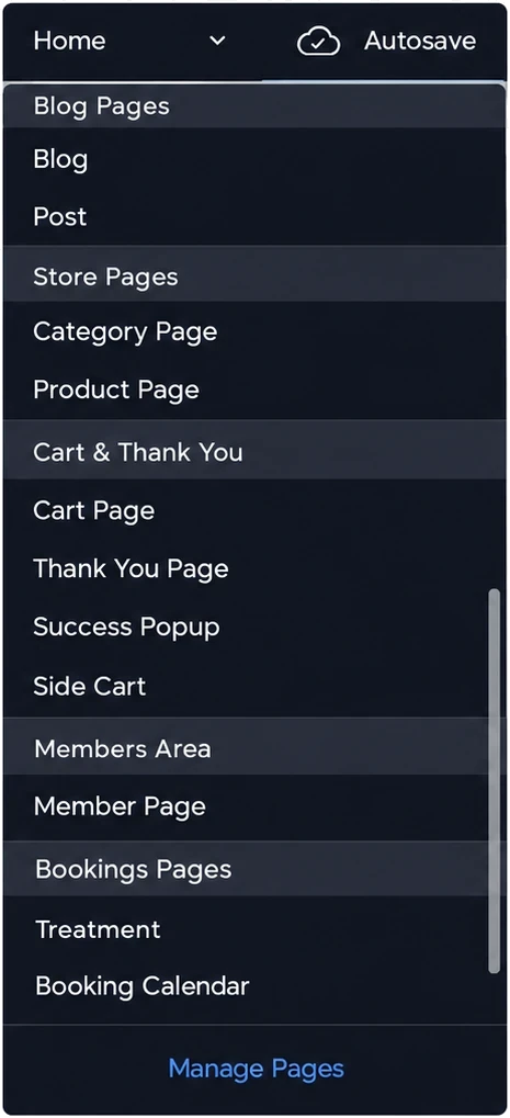 Editor pages menu listing Side Cart and the pop up cart under Cart and Thank You in Store Pages