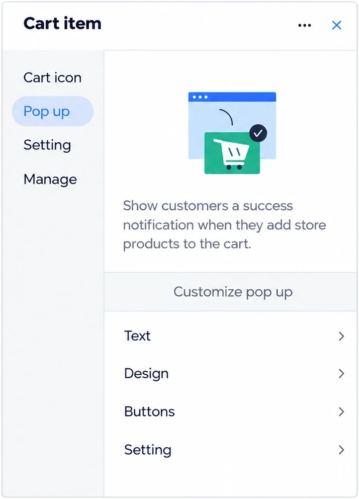 Unified Cart item panel with tabs for cart icon, pop up, setting and manage, showing pop up customization options